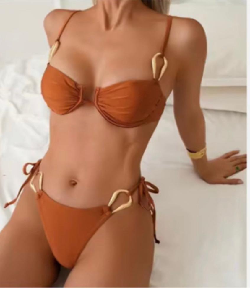 Terra Sol Bikini Set in terracotta with gold seashell accents and tie sides